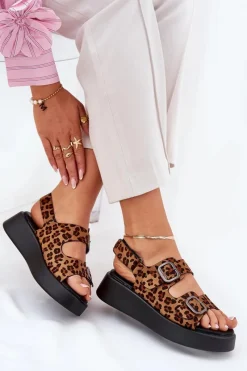 Hot Sandały Damskie Na Platformie I Koturnie Z Klamrami Panterka Brązowe Genorre Damskie Sandały Na Koturnie|Sandały Płaskie