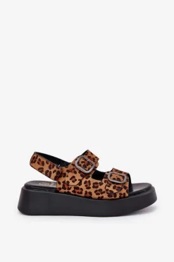 Hot Sandały Damskie Na Platformie I Koturnie Z Klamrami Panterka Brązowe Genorre Damskie Sandały Na Koturnie|Sandały Płaskie