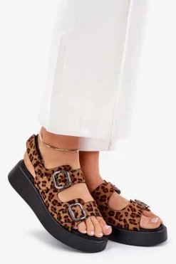 Hot Sandały Damskie Na Platformie I Koturnie Z Klamrami Panterka Brązowe Genorre Damskie Sandały Na Koturnie|Sandały Płaskie
