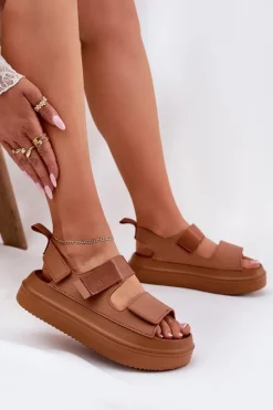 Best Boto Sandały Damskie Na Platformie Z Rzepami Camel Nitepira Brązowy