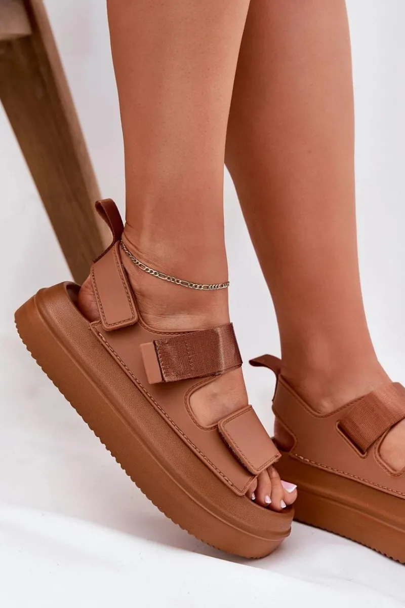 Best Boto Sandały Damskie Na Platformie Z Rzepami Camel Nitepira Brązowy