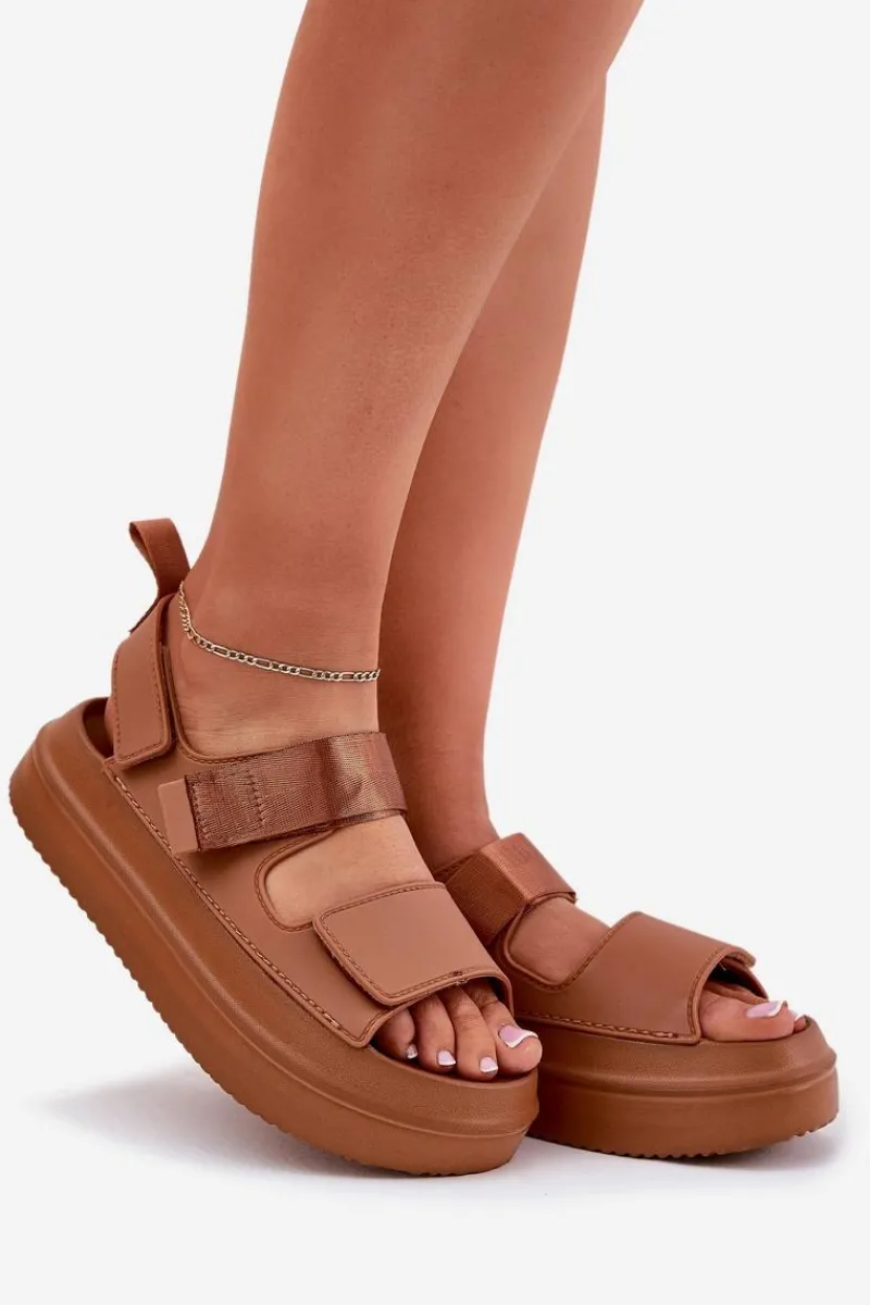 Best Boto Sandały Damskie Na Platformie Z Rzepami Camel Nitepira Brązowy