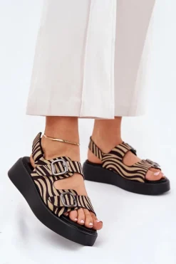 Hot Boto Sandały Damskie Na Platformie I Koturnie Z Klamrami Zebra Beżowo-Czarne Genorre
