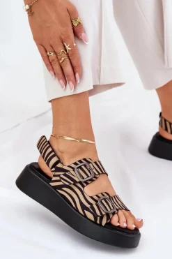 Hot Boto Sandały Damskie Na Platformie I Koturnie Z Klamrami Zebra Beżowo-Czarne Genorre