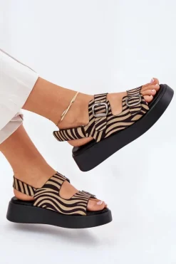Hot Boto Sandały Damskie Na Platformie I Koturnie Z Klamrami Zebra Beżowo-Czarne Genorre
