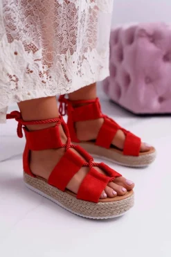 New Boto Sandały Damskie na Platformie Zamszowe Czerwone Ergola