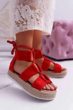 New Boto Sandały Damskie na Platformie Zamszowe Czerwone Ergola