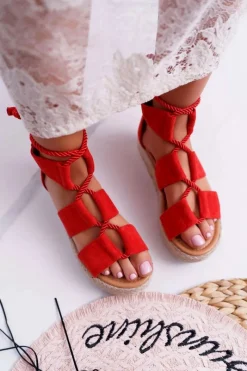 New Boto Sandały Damskie na Platformie Zamszowe Czerwone Ergola