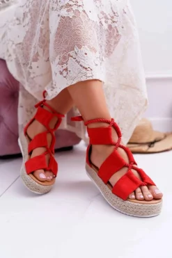 New Boto Sandały Damskie na Platformie Zamszowe Czerwone Ergola