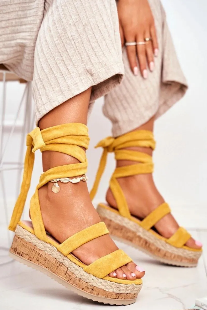 Boto Sandały Damskie Na Platformie Wiązane Żółte La Favorite