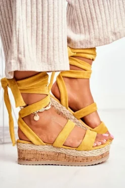 Boto Sandały Damskie Na Platformie Wiązane Żółte La Favorite