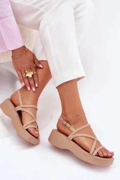 Hot Sandały Damskie Na Platformie Z Paskami Beżowe Civara Damskie Sandały Płaskie