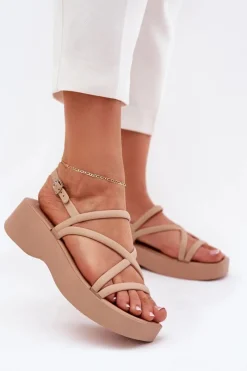 Hot Sandały Damskie Na Platformie Z Paskami Beżowe Civara Damskie Sandały Płaskie