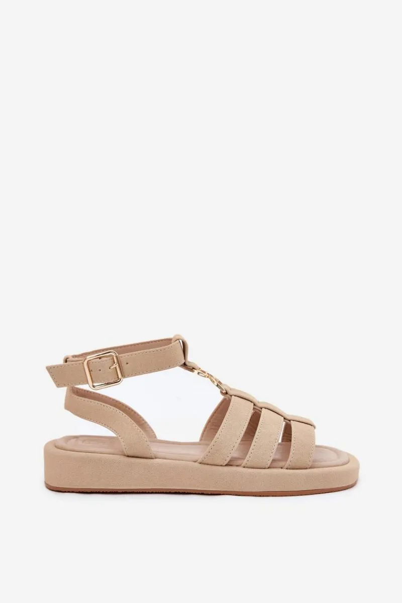 Sandały Płaskie>Boto Sandały Damskie Na Platformie Ze Złotym Detalem Beżowe Kartia Beżowy