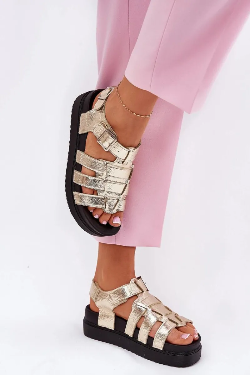 Discount Sandały Damskie Na Platformie Z Klamrami Złote Atarafas Damskie Sandały Płaskie