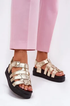 Discount Sandały Damskie Na Platformie Z Klamrami Złote Atarafas Damskie Sandały Płaskie