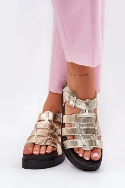 Discount Sandały Damskie Na Platformie Z Klamrami Złote Atarafas Damskie Sandały Płaskie