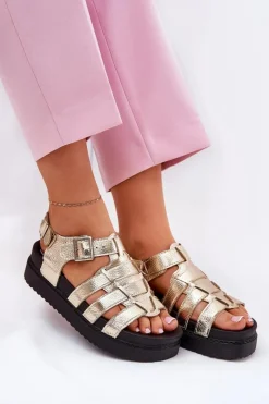 Discount Sandały Damskie Na Platformie Z Klamrami Złote Atarafas Damskie Sandały Płaskie