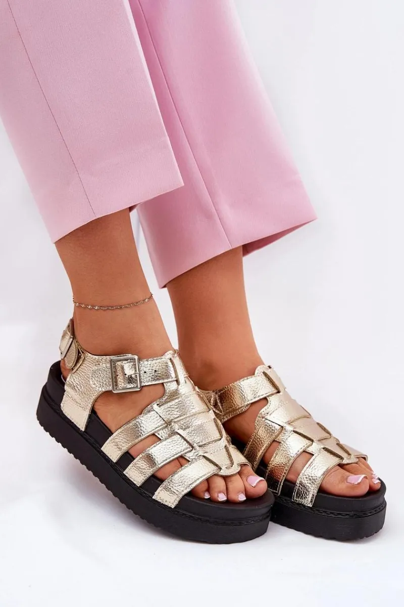 Discount Sandały Damskie Na Platformie Z Klamrami Złote Atarafas Damskie Sandały Płaskie