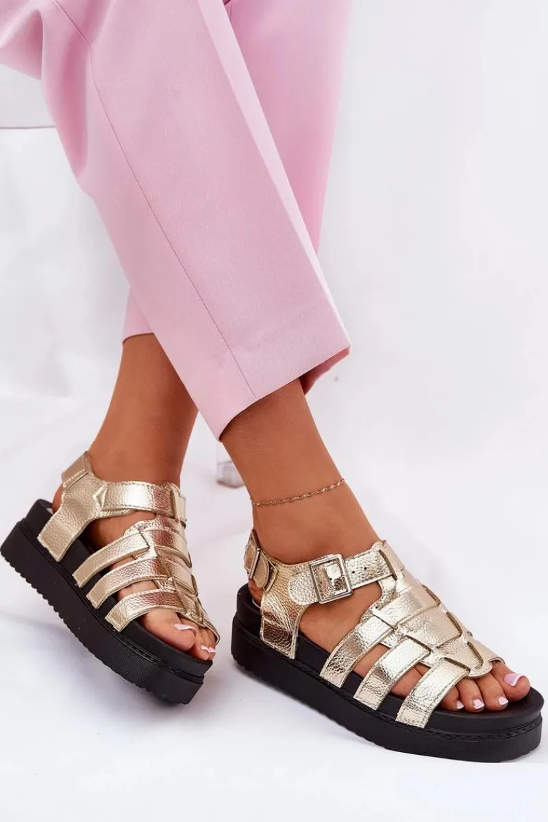 Discount Sandały Damskie Na Platformie Z Klamrami Złote Atarafas Damskie Sandały Płaskie