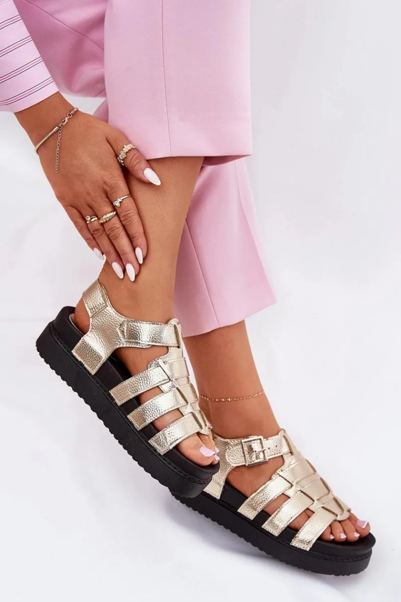 Discount Sandały Damskie Na Platformie Z Klamrami Złote Atarafas Damskie Sandały Płaskie