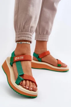 New Big Star Shoes Sandały Damskie Na Platformie I Koturnie Big Star NN274A053 Zielono-Pomarańczowe Pomarańczowy