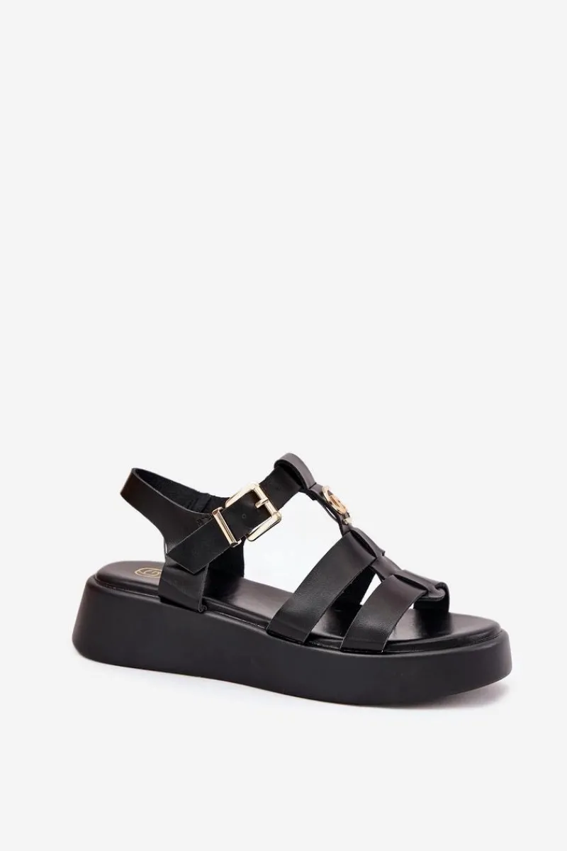 Hot Sandały Damskie Na Platformie Ze Złotym Detalem Czarne Fevire Damskie Sandały Płaskie