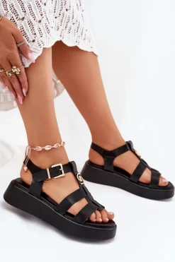 Hot Sandały Damskie Na Platformie Ze Złotym Detalem Czarne Fevire Damskie Sandały Płaskie