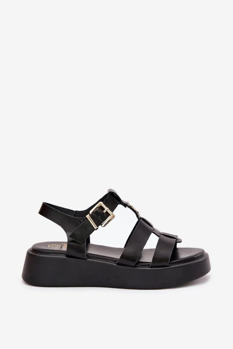 Hot Sandały Damskie Na Platformie Ze Złotym Detalem Czarne Fevire Damskie Sandały Płaskie