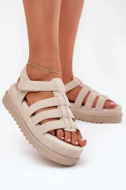 Clearance Boto Sandały Damskie Na Platformie Eko Zamszowe Beżowe Filisenia Beżowy