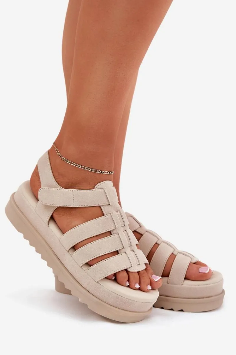 Clearance Boto Sandały Damskie Na Platformie Eko Zamszowe Beżowe Filisenia Beżowy