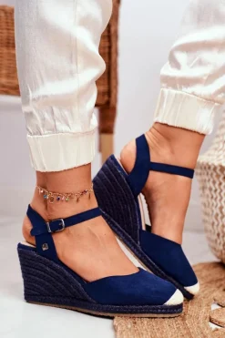 Online Big Star Shoes Sandały Damskie Na Plecionej Koturnie Big Star Granatowe DD274A172