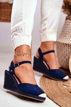 Online Big Star Shoes Sandały Damskie Na Plecionej Koturnie Big Star Granatowe DD274A172