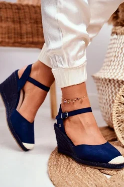 Online Big Star Shoes Sandały Damskie Na Plecionej Koturnie Big Star Granatowe DD274A172