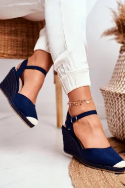 Online Big Star Shoes Sandały Damskie Na Plecionej Koturnie Big Star Granatowe DD274A172