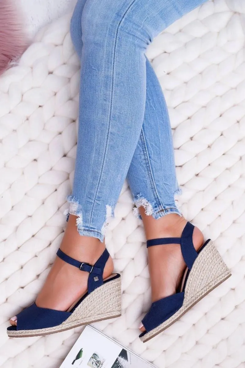 Sandały Big Star|Sandały Na Koturnie>Big Star Shoes Sandały Damskie Na Plecionej Koturnie Big Star Granatowe DD274A212