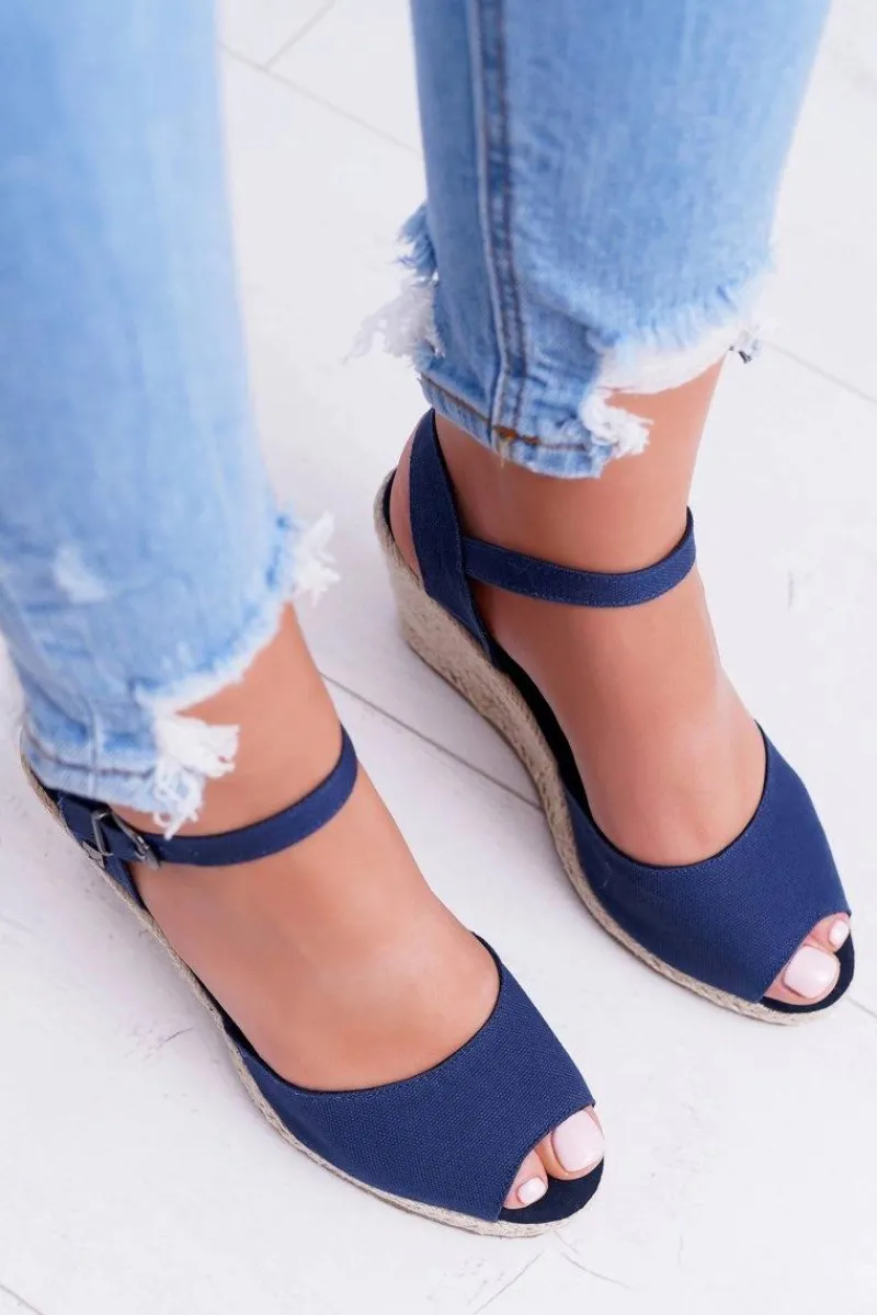 Sandały Big Star|Sandały Na Koturnie>Big Star Shoes Sandały Damskie Na Plecionej Koturnie Big Star Granatowe DD274A212