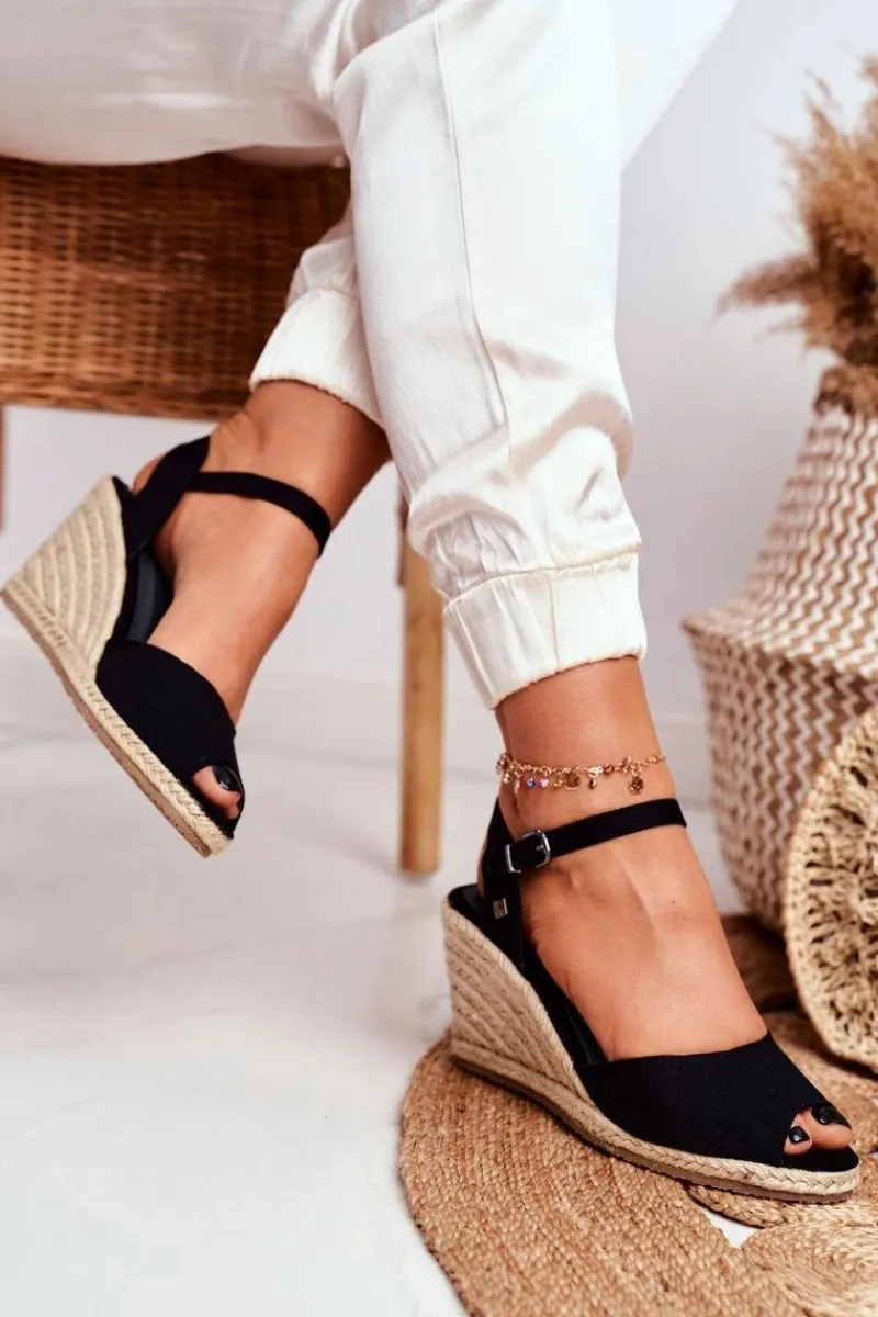 Sandały Damskie Na Plecionej Koturnie Big Star Czarne DD274A209 Damskie Sandały Big Star|Sandały Na Koturnie