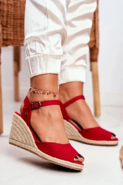 New Big Star Shoes Sandały Damskie Na Plecionej Koturnie Big Star Czerwone DD274A213