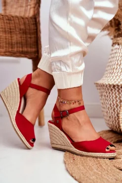 New Big Star Shoes Sandały Damskie Na Plecionej Koturnie Big Star Czerwone DD274A213