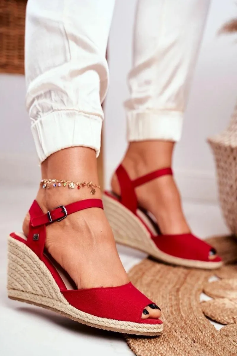 New Big Star Shoes Sandały Damskie Na Plecionej Koturnie Big Star Czerwone DD274A213