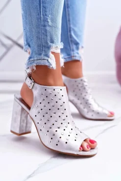 Sale Buty damskie Vinceza Sandały Damskie Na Słupku Ażurowe z Dżetami Srebrne Hendrix