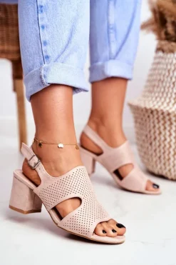 Sale Boto Sandały Damskie Na Słupku Ażurowe Beżowe Valery