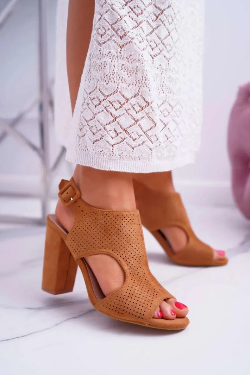 Sandały Ażurowe|Sandały Na Obcasie>Boto Sandały Damskie Na Słupku Ażurowe Zamszowe Camel HiBaby
