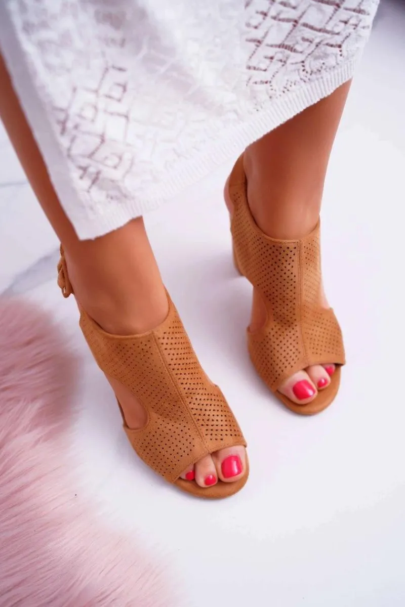 Sandały Ażurowe|Sandały Na Obcasie>Boto Sandały Damskie Na Słupku Ażurowe Zamszowe Camel HiBaby