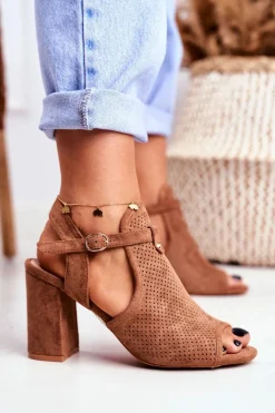 Sale Sandały Damskie Na Słupku Ażurowe Brązowe Kira Damskie Sandały Ażurowe|Sandały Na Obcasie