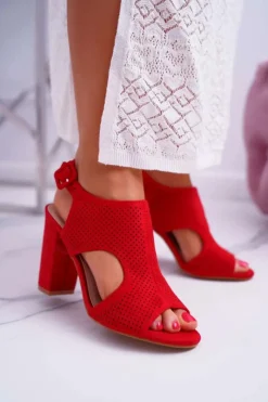 Hot Sandały Damskie Na Słupku Ażurowe Zamszowe Czerwone HiBaby Damskie Sandały Ażurowe|Sandały Na Obcasie