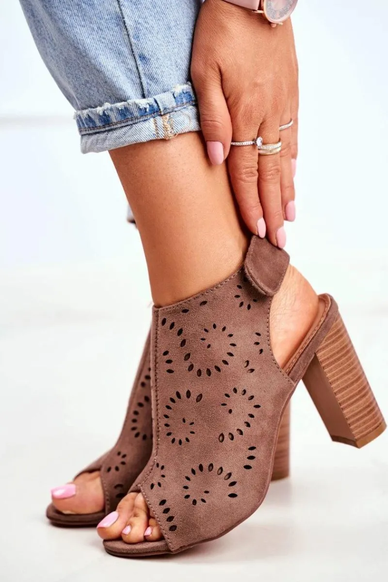 Sandały Ażurowe|Sandały Na Obcasie>Evento Sandały Damskie Na Słupku Ażurowe Na Rzep Khaki Rules