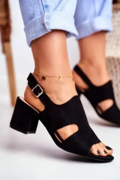 Hot Sandały Damskie Na Słupku Ażurowe Czarne Valery Damskie Sandały Ażurowe|Sandały Na Obcasie