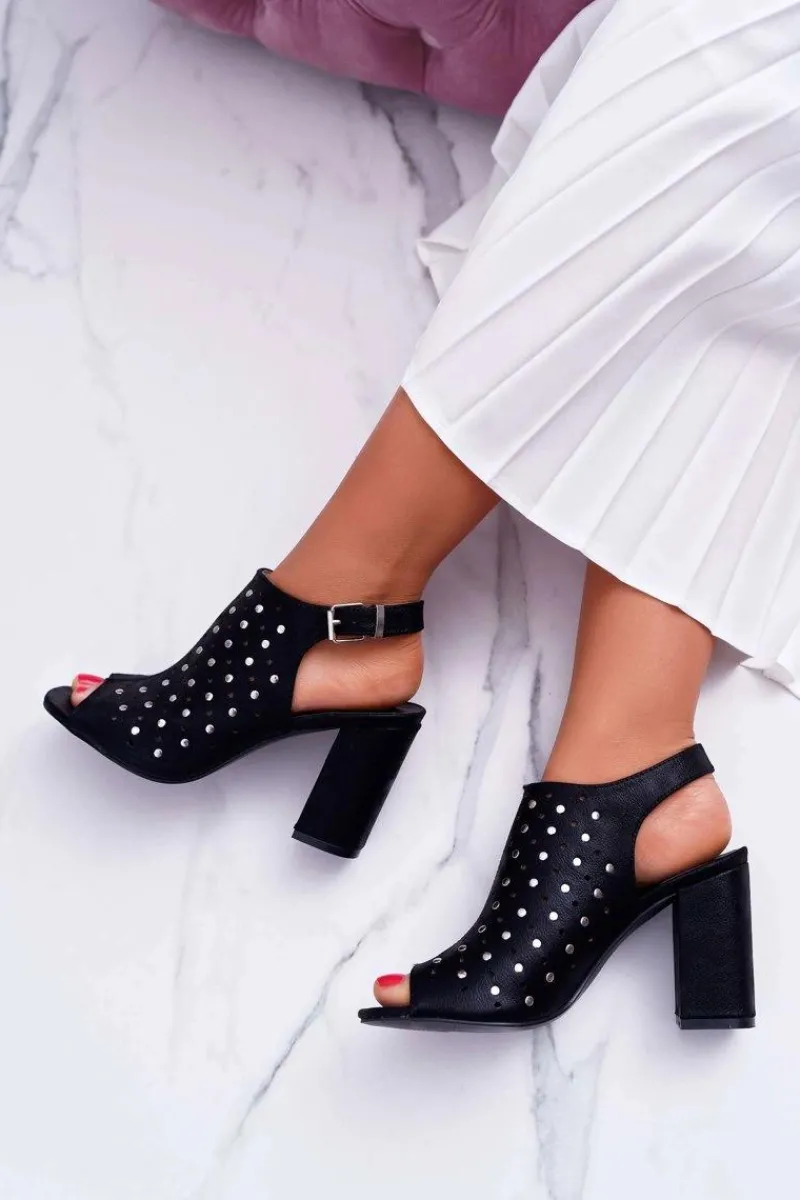 Clearance Sandały Damskie Na Słupku Ażurowe z Dżetami Czarne Hendrix Damskie Sandały Ażurowe|Sandały Na Obcasie